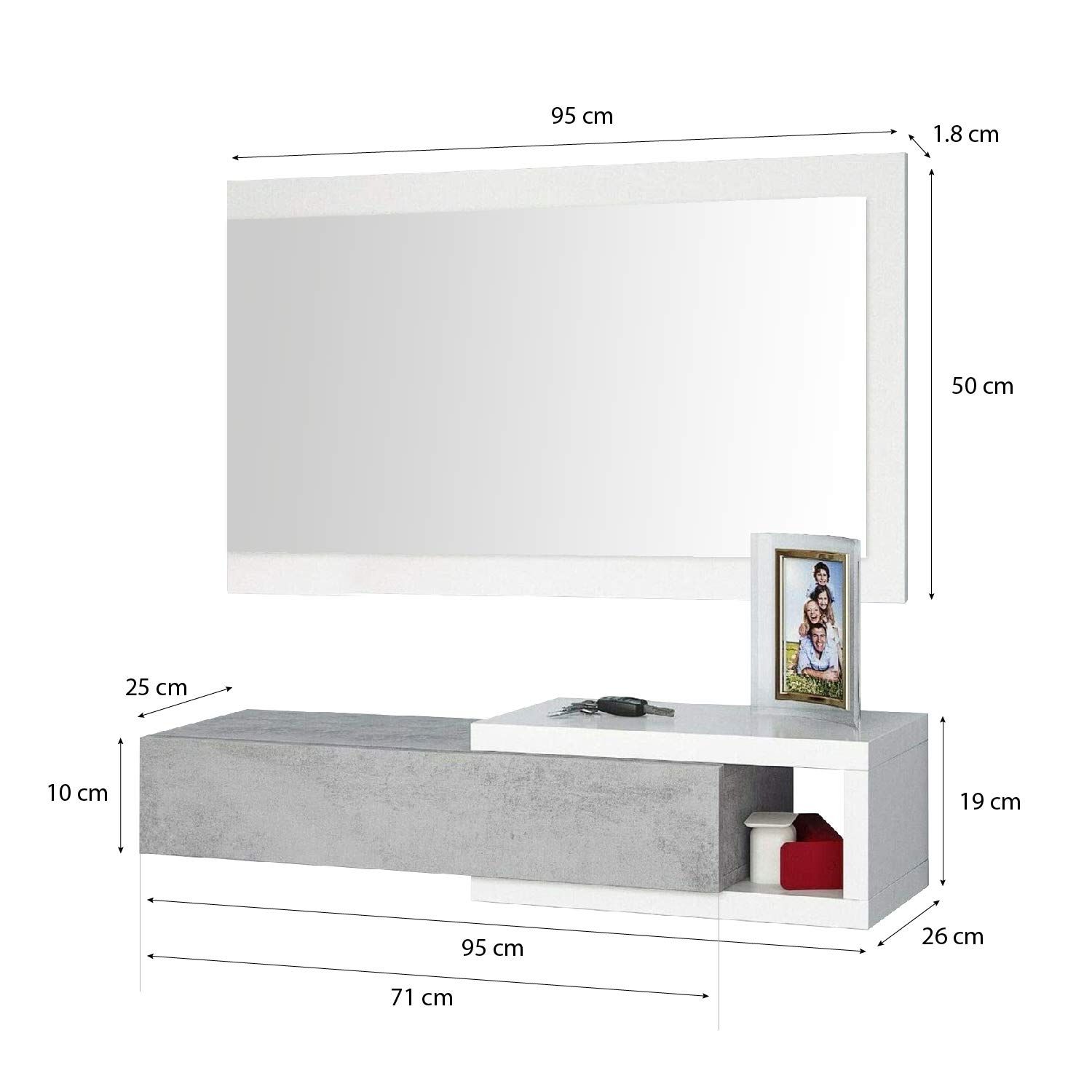 Mobile Maiorca Mobiletto Da Ingresso Sospeso Con Cassetto Mensola e Specchio Arredo Arredamento Sala 81 x 116 x 29 cm Colore Bianco Lucido e Grigio Cemento
