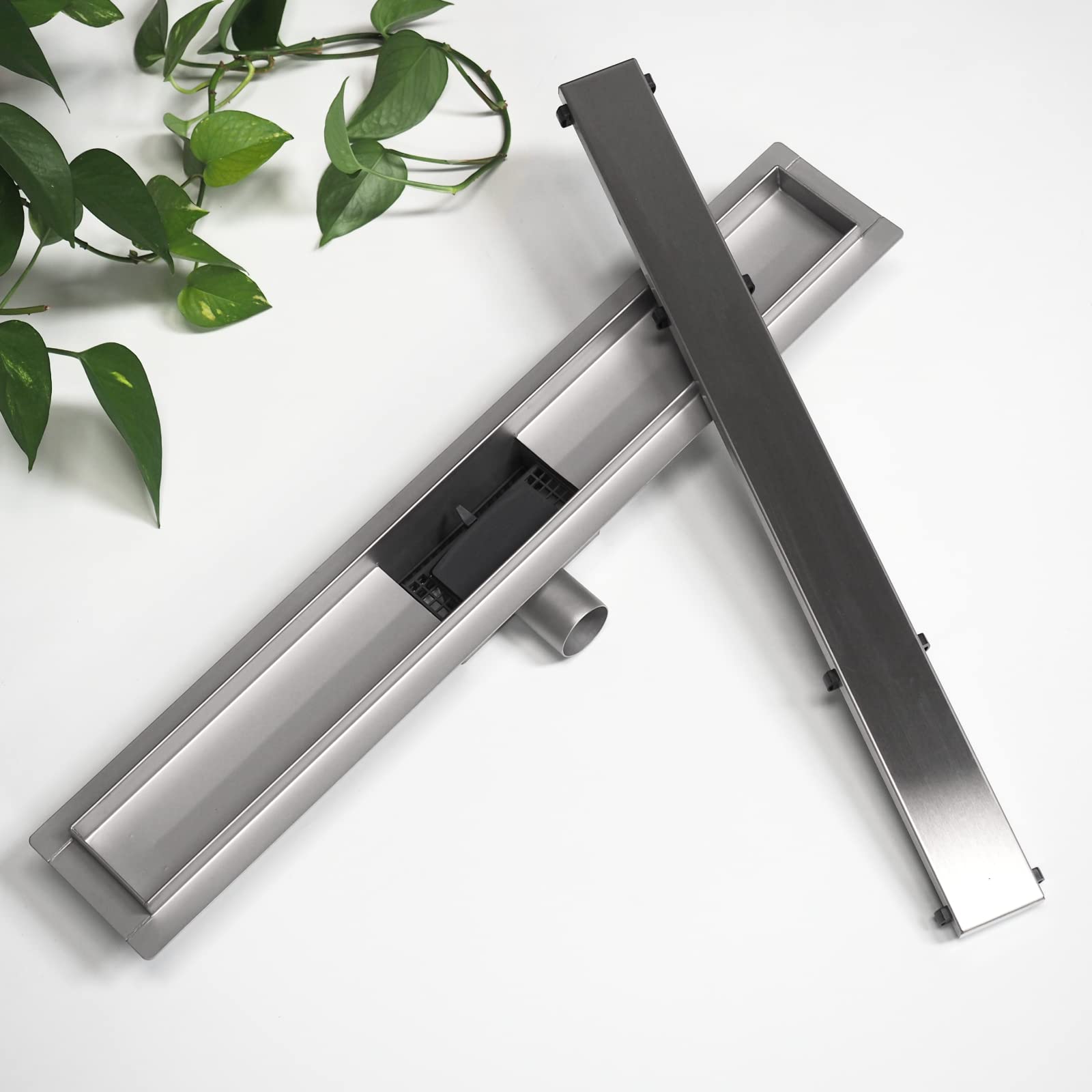 WITEN&NOCK Duschrinne 70 cm Befliesbar Drainset Edelstahl Bodenablauf für bodengleiche Dusche mit Geruchsstopp Haarsieb extra flach Edelstahl gebürstet Komplettset mit Bodenbefestigung
