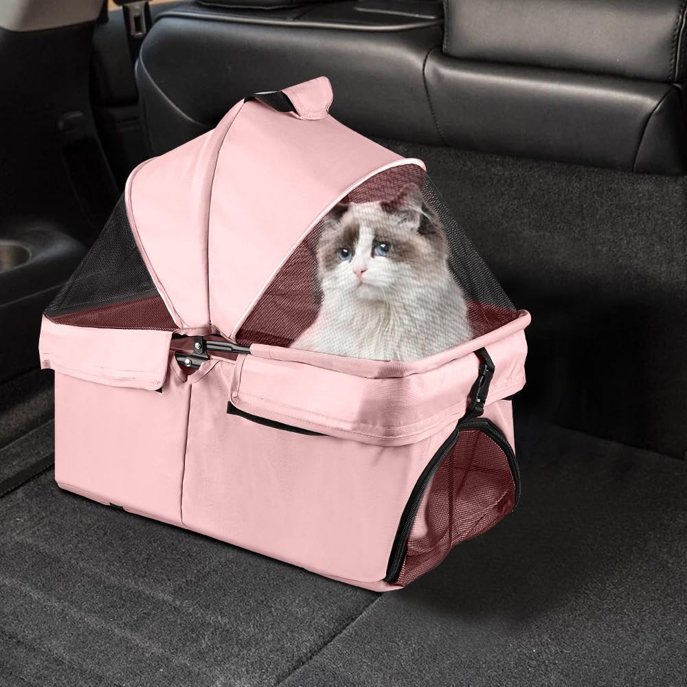 Passeggino 3 in 1 per cani e gatti, pieghevole con manico regolabile, 4 ruote, rete traspirante, grande capacità, facile da trasportare, 50 x 65 x 99 cm, rosa