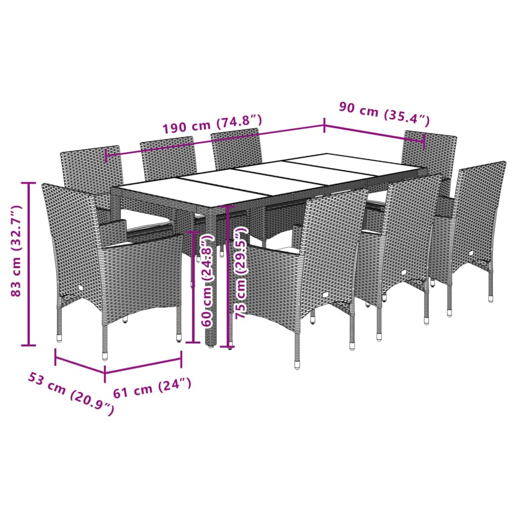 Ensemble de meubles de jardin pour 8 personnes - 8 chaises avec table en rotin - Meubles de balcon - Table et chaises - Gris clair - 9 pièces