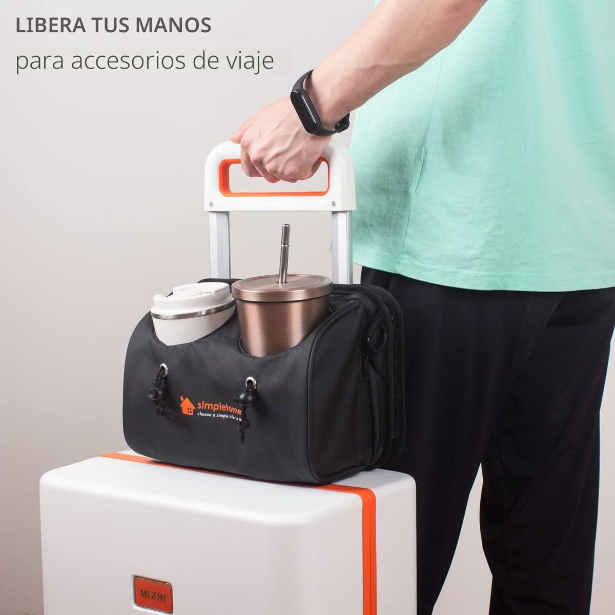 simpletome Portavasos para equipaje con manos libres soporte para vasos de viaje para equipaje de viaje 2 portavasos grandes para bebidas con bolsillo trasero para maleta grande (Negro)
