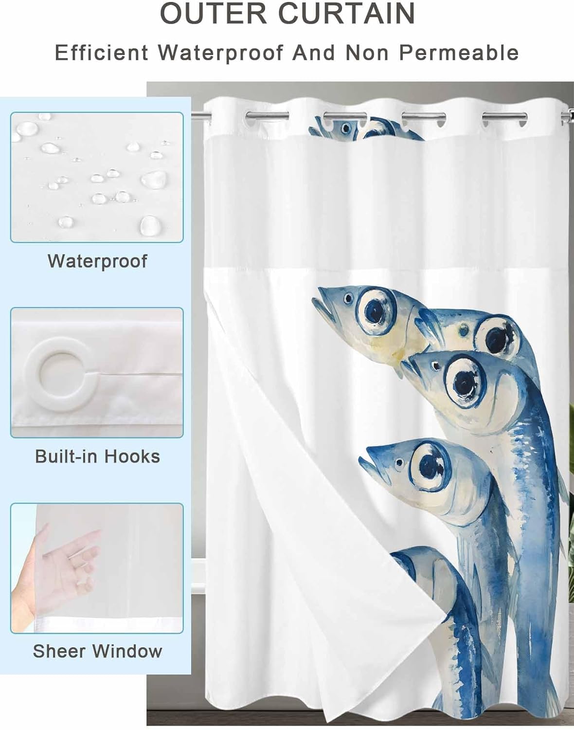 No Hook Shower Curtain, Blue Fish Stall Bathroom Curtains with Snap in Liner, Coastal Ocean Animal Watercolor White Waterproof Washable Fabric Shower Curtain Set, 54" x 78"