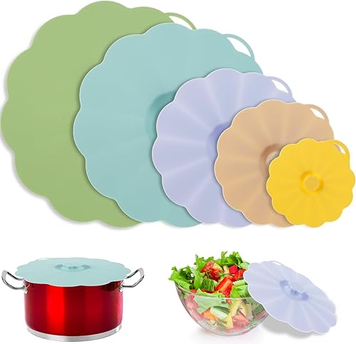 Juego de 5 tapas de silicona, tapas de silicona reutilizables para almacenamiento de alimentos, 5 tamaños para adaptarse a la mayoría de los
