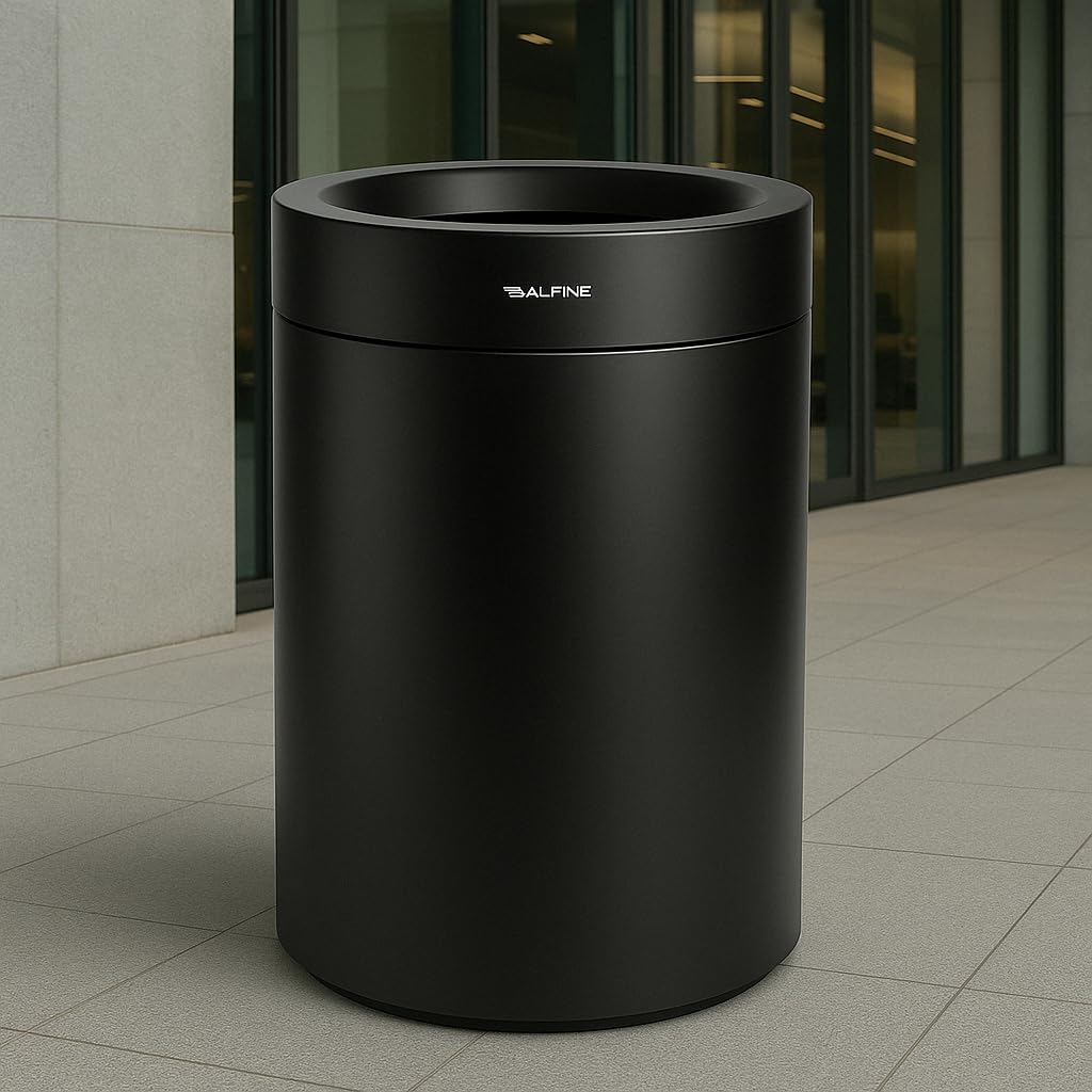 Alpine Industries Commercial Stainless Steel Trash Can – Open Top 50-Gallon Heavy-Duty Garbage Can, Modern, Round, Large Waste Receptacle for Indoor Use High-Traffic Areas - Matt Black