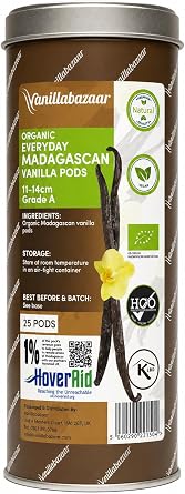 25 Organic Everyday Madagascan Vanilla Pods | Grade A Vanilla Beans in Airtight Tin | Gourmet Sticks for Baking, 11-14cm long | 5 x 5 Vacuum Packs Inside | Vanillabazaar