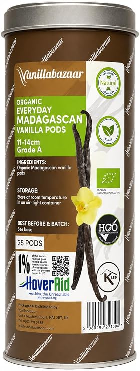 25 Organic Everyday Madagascan Vanilla Pods | Grade A Vanilla Beans in Airtight Tin | Gourmet Sticks for Baking, 11-14cm long | 5 x 5 Vacuum Packs Inside | Vanillabazaar