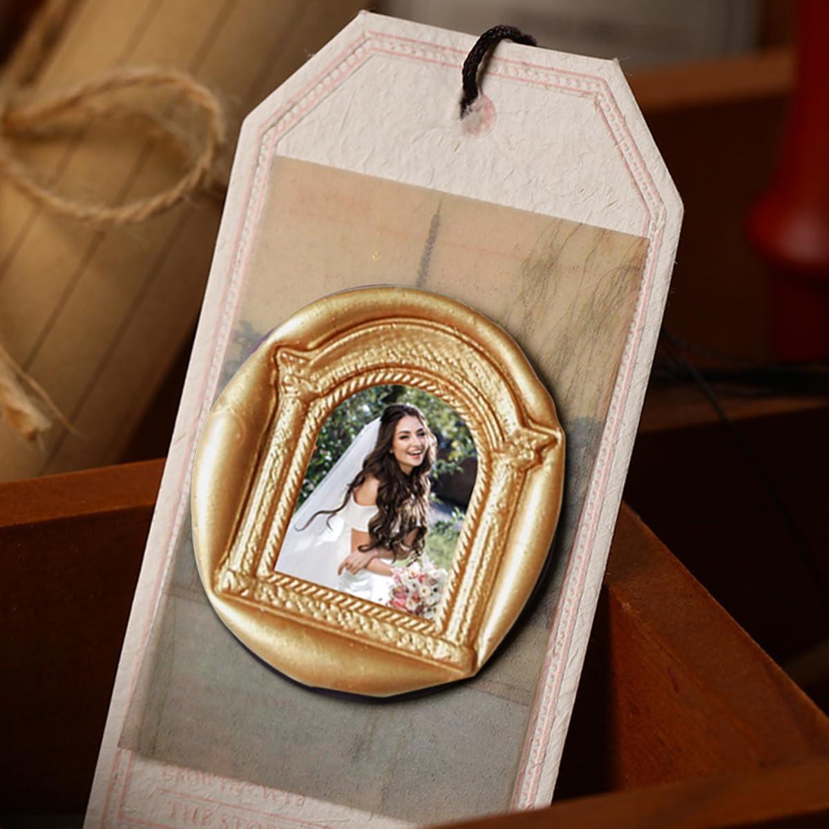 Wachssiegelstempel mit 3D-Reliefrahmen, abnehmbare Messingköpfe mit 6 Holzgriffen, 3D-geprägter Fotorahmen, Siegelwachsstempel für Hochzeitseinladungen, Scrapbooking, Briefe, Geschenk