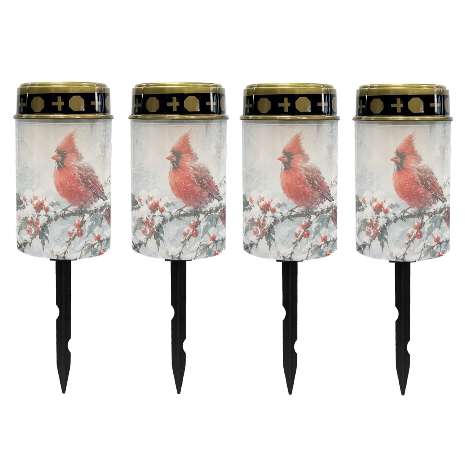 Poceacles Solar Lights Outdoor Waterproof Grave Lights for Cemetery LED Flameless Candle Cemetery Solar Pillar Candles Outdoor Decor, Cardinal Bird Winter Snow Landscape, 4 Pack