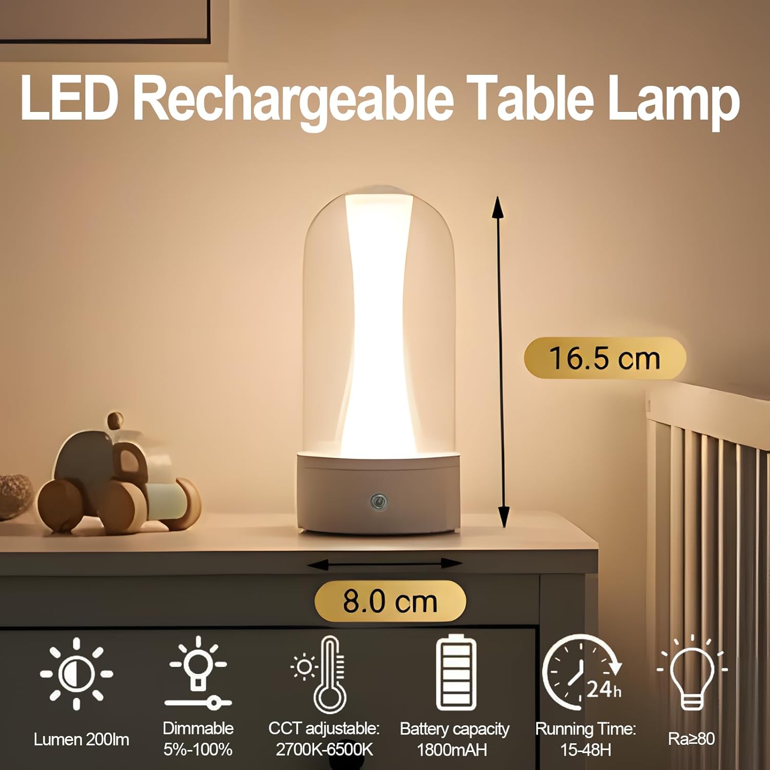 Rechargeable Bedside Lamps with 3 Way Dimmable - Portable Touch Control LED Table Lamp for Living Room Bedroom, Good Gift for Boys and Girls, Glass Lamp for Home or Office Decoration -White