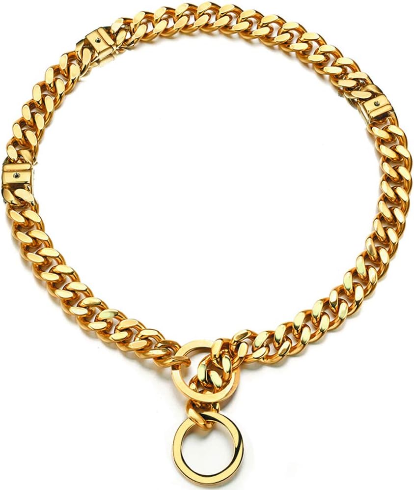 Adjustable 18K Gold Dog Collar Slip Choker Stianless Steel 15mm Big Dog Puppy Necklace Choke Chain Training Collar Cuban Link with Engraving Custom L