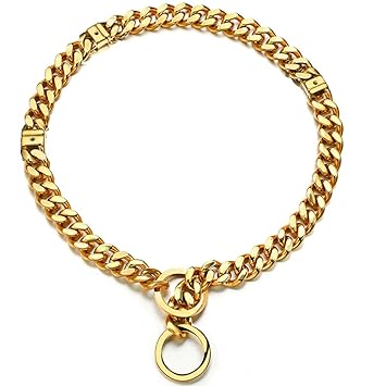 Adjustable 18K Gold Dog Collar Slip Choker Stianless Steel 15mm Big Dog Puppy Necklace Choke Chain Training Collar Cuban Link for Big Small Dog 10 inch to 16 inch (S, Gold Adjustable) (M, Gold)
