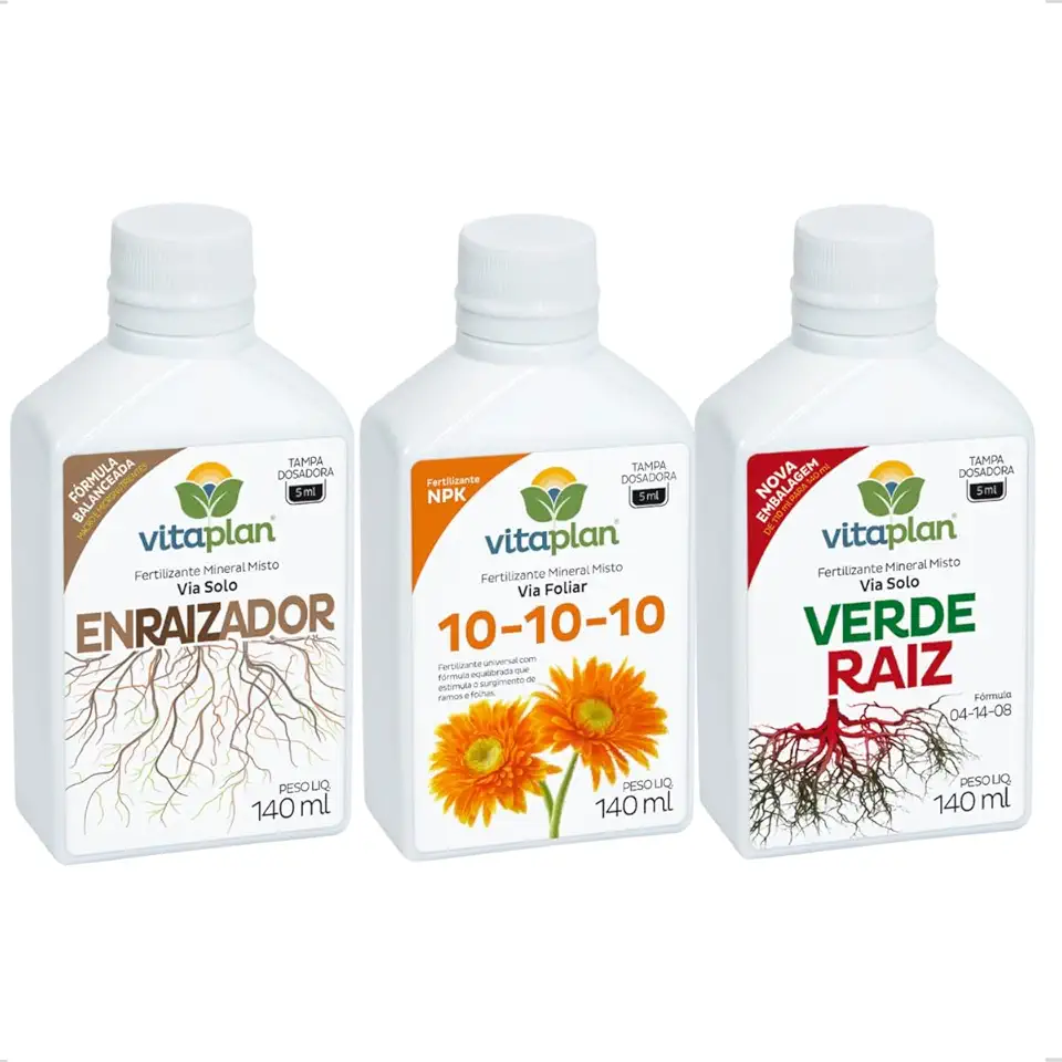 Kit 3 Adubo Fertilizante Enraizador Verde Raiz NPK 10-10-10 Concentrado Dosador Vitaplan 140ml