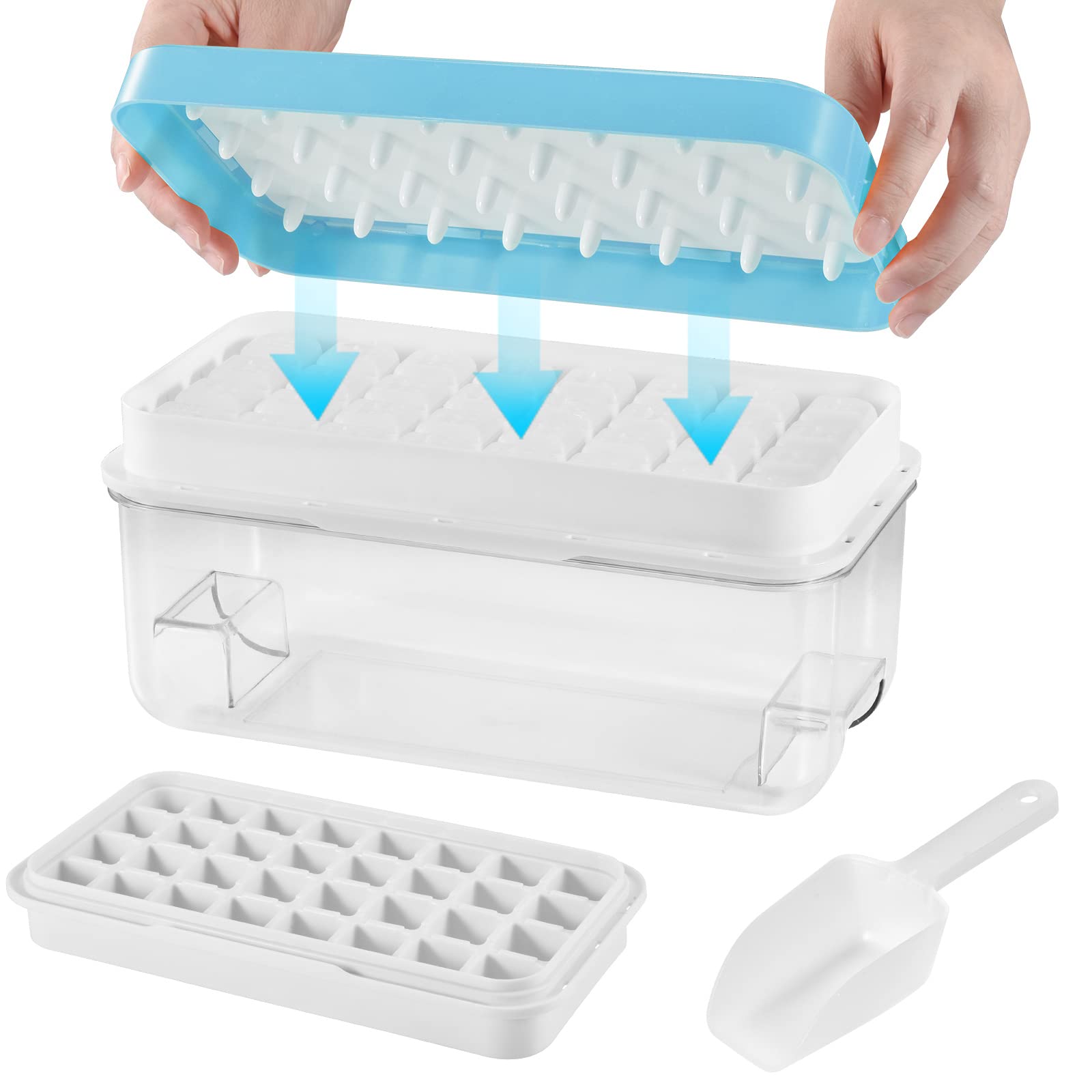 Ice Cube Trays, QINGQING Ice Cube Tray with Lid and Bin for Freezer, Easy Release 64-Ice Cube Ice Trays for Freezer Flexible Ice Cube Molds with Ice Container, Scoop Cover for Cocktail, Freezer