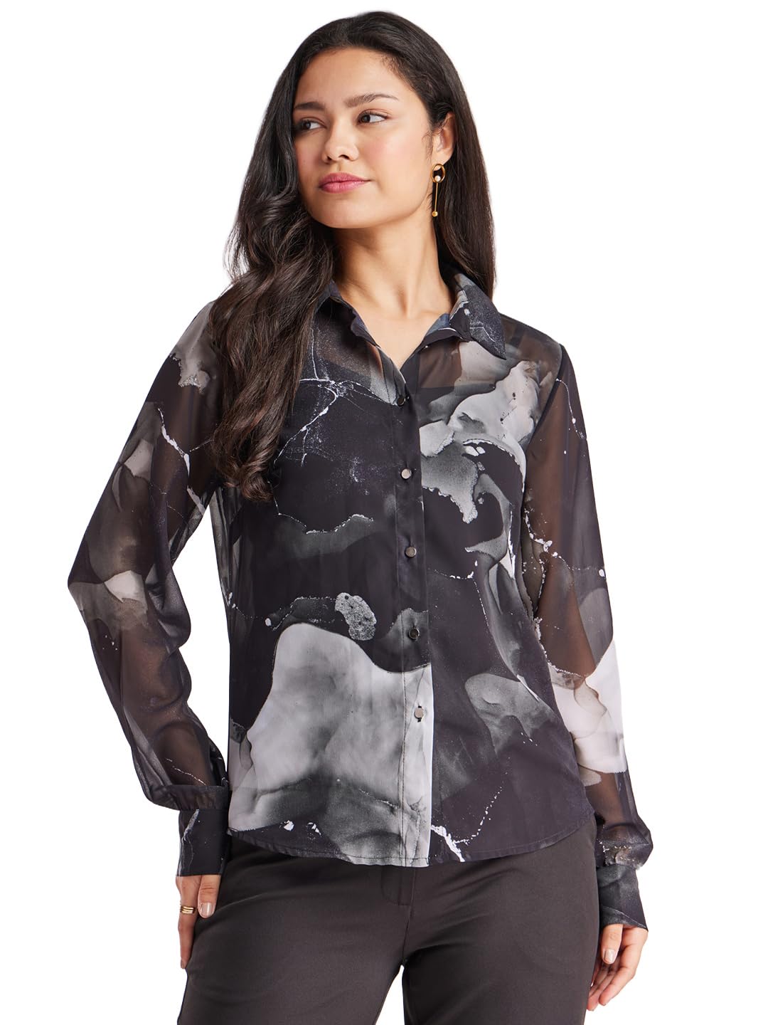 Marble Print Full Sleeves Shirt - Black and White-image-29