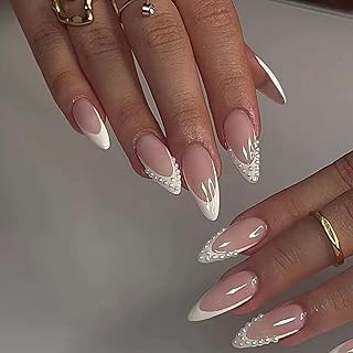 French Künstliche Nägel zum Aufkleben Mittellang 24 Stück -Nude Weiß Press On Nails Mandel Oval Mit 3D Perlen Design - Natürlich Glänzend Fingernägel Zum Aufkleben 12 Größen Für Frauen Alltag Party