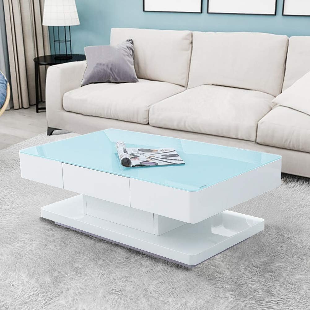 TUKAILAi High Gloss Coffee Table for Living Room White Tempered Glass Top Coffee Table with 2 Storage Drawers Wooden Rectangular Sofa End Table for Home Office