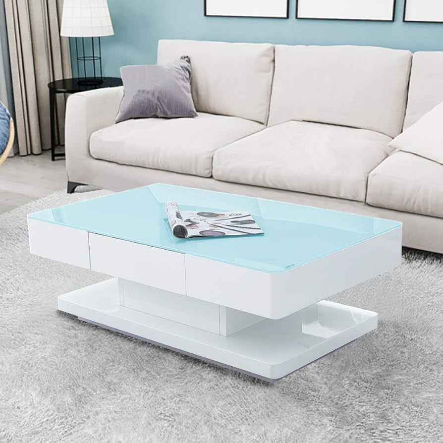 OFCASA 2 Drawers Coffee Table For Living Room High Gloss Coffee Table With Black Glass Top Wood Storage Cabinet Table For Living Room Home Office, Black