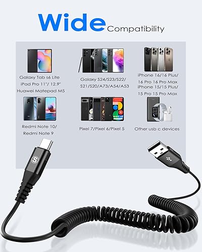Miniatura 6 de Cable USB C en espiral de 3.3 pies, cable USB A a USB C para automóvil, cable de carga rápida para iPhone 17 16 15 Pro Max Plus iPhone Air Samsung