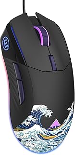 COSTOM Womier USB Wired Gaming Mouse for PC Computer Windows Mac Laptop | Lightweight Silent RGB Backlit Mouse with Adjustable 12000DPI/7 Programmable Side Buttons, Black Kanagawa Theme-G705 V2