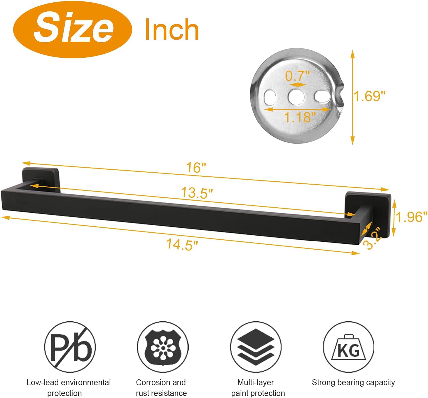 TocTen Bath Towel Rack - Square Base Thicken SUS304 Stainless Steel Towel Bar for Bathroom, Bathroom Accessories Towel Rod Heavy Duty Wall Mounted Towel Holder. (Black, 16) - Image 2