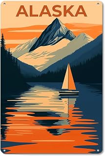 Alaska - Mountain, Boat, Minimalist Wall Art Signs Posters Funny Metal Sign For Man Cave bathroom Farm Bedroom living room Kitchen Garage Wall Decor 8 * 12 Inch Poster
