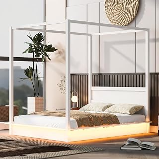 Queen Size Wood LED Canopy Bed Frame – Platform Canopy Bed with Support Slats, No Box Spring Needed, White (Queen)