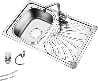 Fregadero Camper, Fregadero de Cocina con Grifo, Escurridor, Acero Inoxidable 304, Conjunto de Desagüe, para Caravana, Autocaravana o Bar de Barco