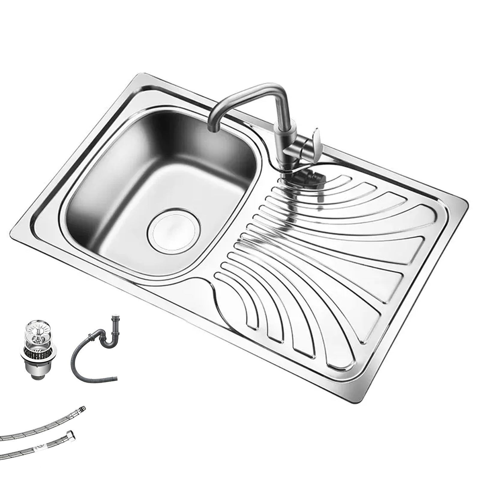 Fregadero Camper, Fregadero de Cocina con Grifo, Escurridor, Acero Inoxidable 304, Conjunto de Desagüe, para Caravana, Autocaravana o Bar de Barco