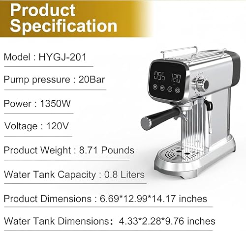 Miniatura 2 de Máquina de café expreso con memoria de 20 bares, pantalla digital para temperatura, tiempo de preparación, varita de vapor, agua caliente, de una