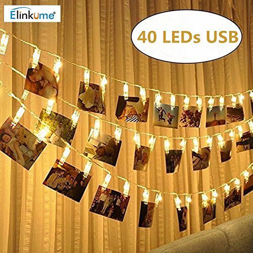 ELINKUME LED luces de hadas del clip de la foto, 40 clips de fotos, 4.3 metros/14.1 pies, alimentados por USB, luces de ambiente cálido blanco Ideal para colgar imágenes, notas, ilustraciones, memos