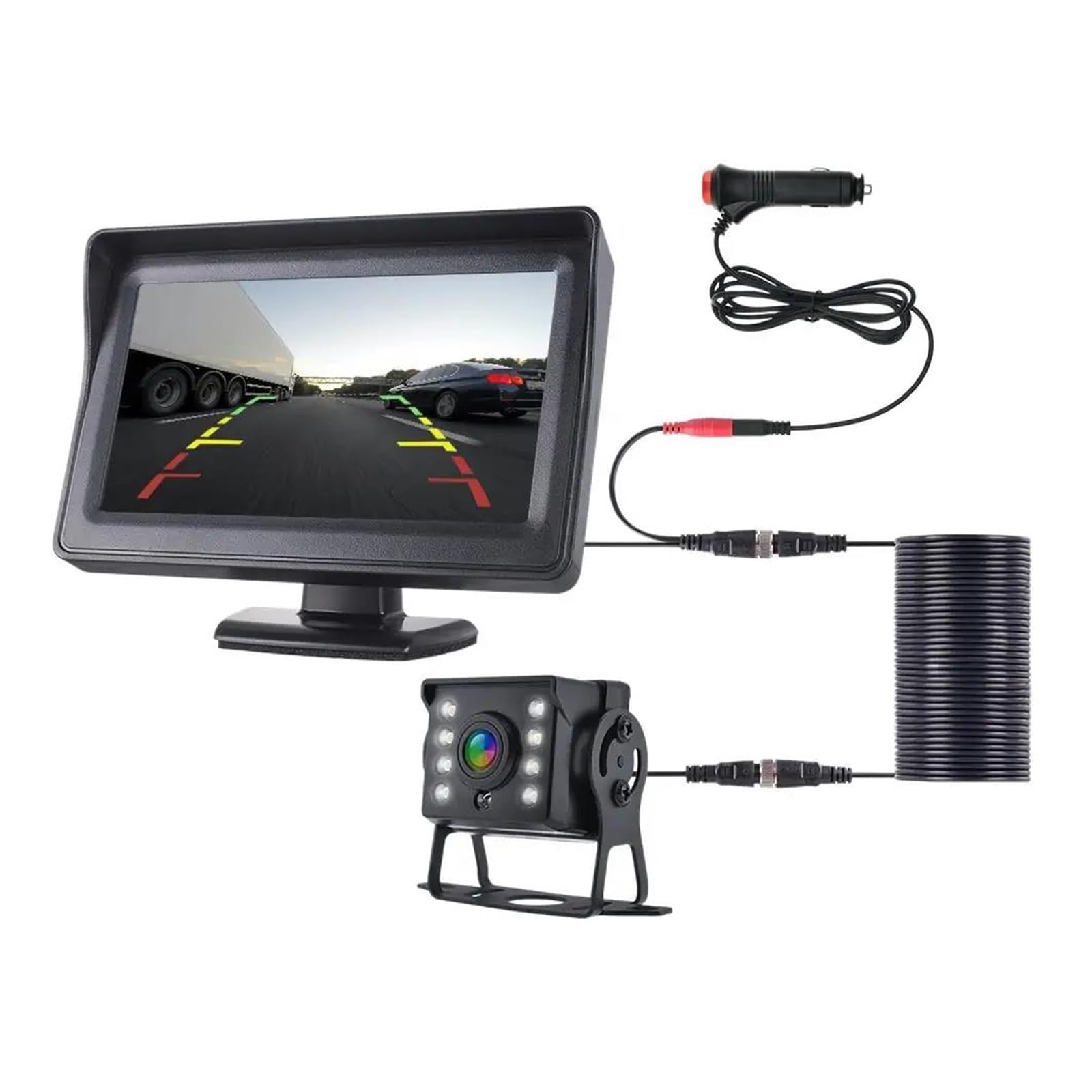 Kit de cámara de Marcha atrás para estacionamiento, cámara de visión Trasera CCD 2 en 1 HD con Monitor de Pantalla de 4.3 Pulgadas para automóvil, autobús, camión, Autocaravana y Remolque.