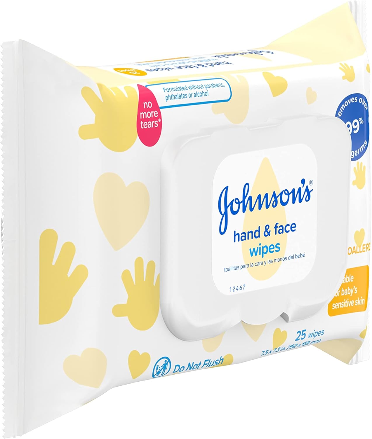 Johnson's Baby Disposable Hand & Face Cleansing Wipes to Gently Remove 99% of Germs & Dirt from Delicate Skin, Pre-Moistened & Allergy-Tested, Paraben-, Phthalate- & Alcohol-Free, 25 ct : Baby