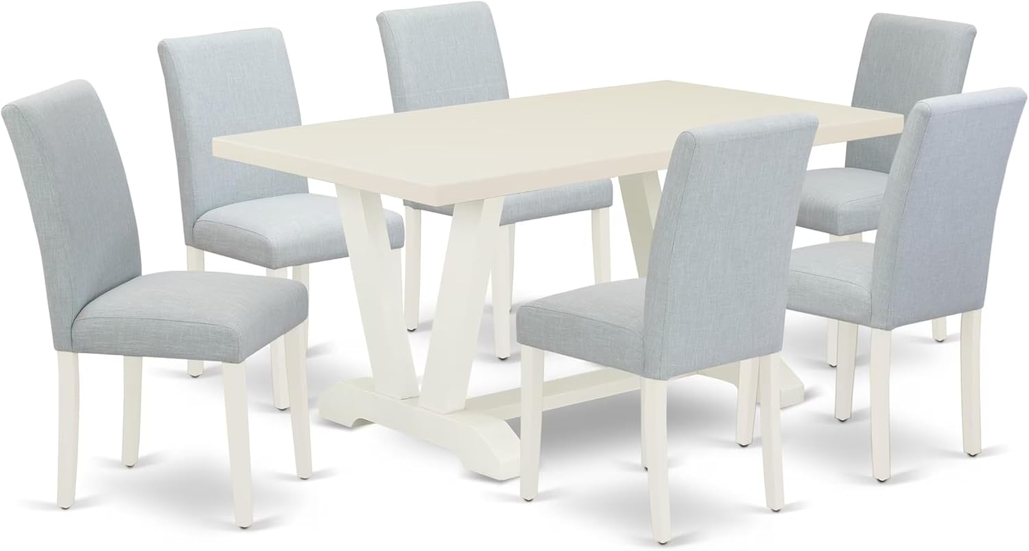 East West Furniture V026AB015-7 7 Piece Modern Dining Table Set Consist of a Rectangle Wooden Table with V-Legs and 6 Baby Blue Linen Fabric Upholstered Chairs, 36x60 Inch, Multi-Color