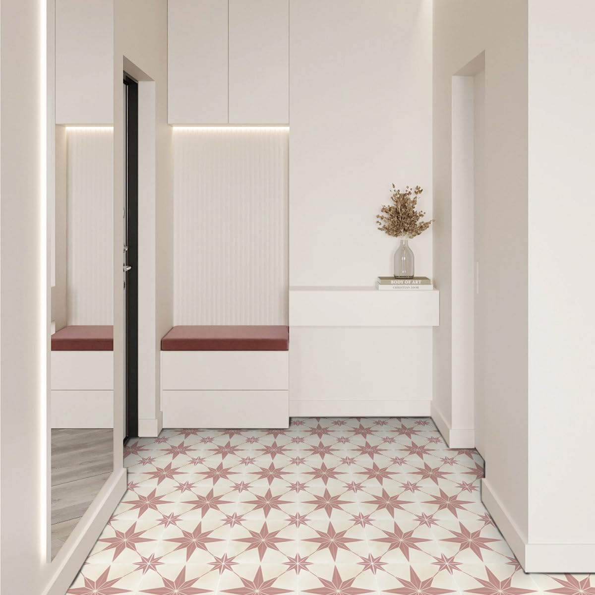 Alwayspon Vinyl Flooring, 20Pcs 20cm/8inch Pink Star Waterproof Non-slip Floor Tiles Decal for Kitchen Bathroom Living Room, Self-adhesive Peel and Stick Vinyl Sticker