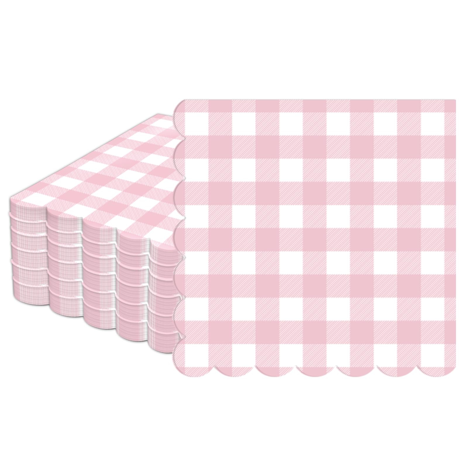 100Pcs Pink Scalloped Napkins Pink And White Checkered Decorative Party Supplies Light Plaid Gingham Dessert Napkins for Girls Women Wedding Birthday Baby Shower Summer Picnic Party Favor