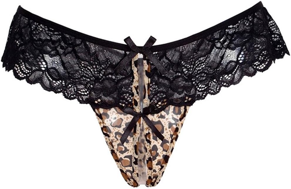 Vesst Women's Sexy Leopard Crotchless Thong with Lace Top and Bows
