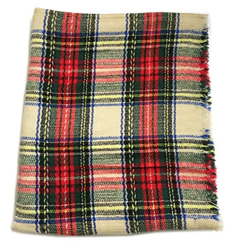 Aesthetinc Classic Multi Color Plaid Frayed Design Infinity Knit Scarf Wrap (Ivory/Red) #TOP4