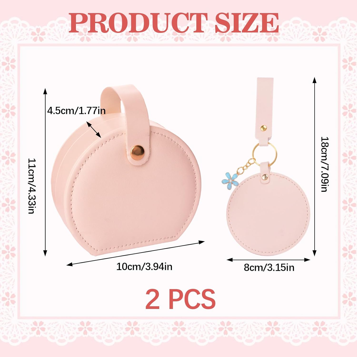 Travel Jewelry Case,2 PCS Elegant Half-Moon Design with a Round Mirror Pendant Keychains Detachable Handle Personalized Accessory Organizer Gift for Fashion-Forward Women and Teens(Pink) image 2