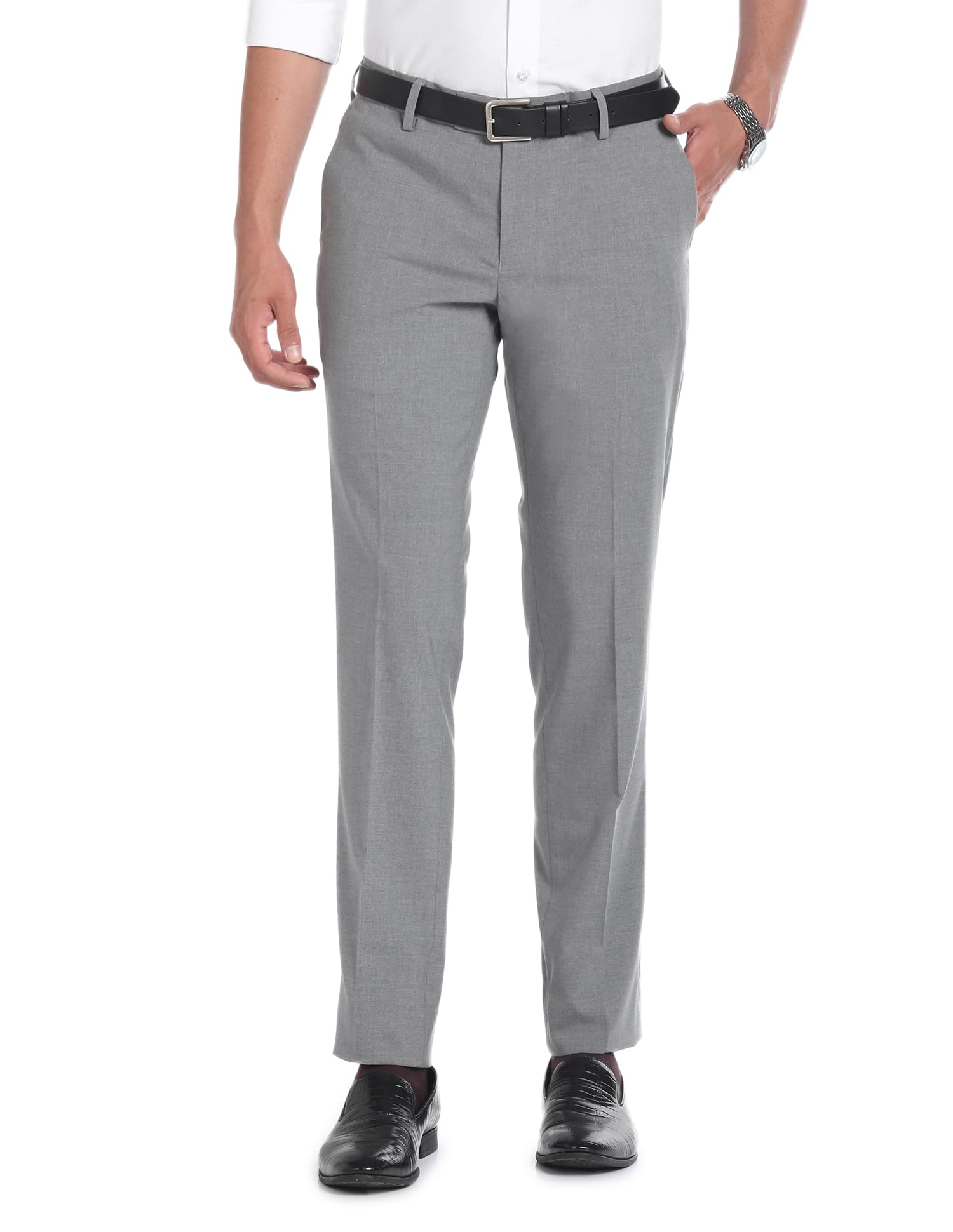 arvind Men's Grey Mid Rise Slim Heathered Trousers, 32-picture-17