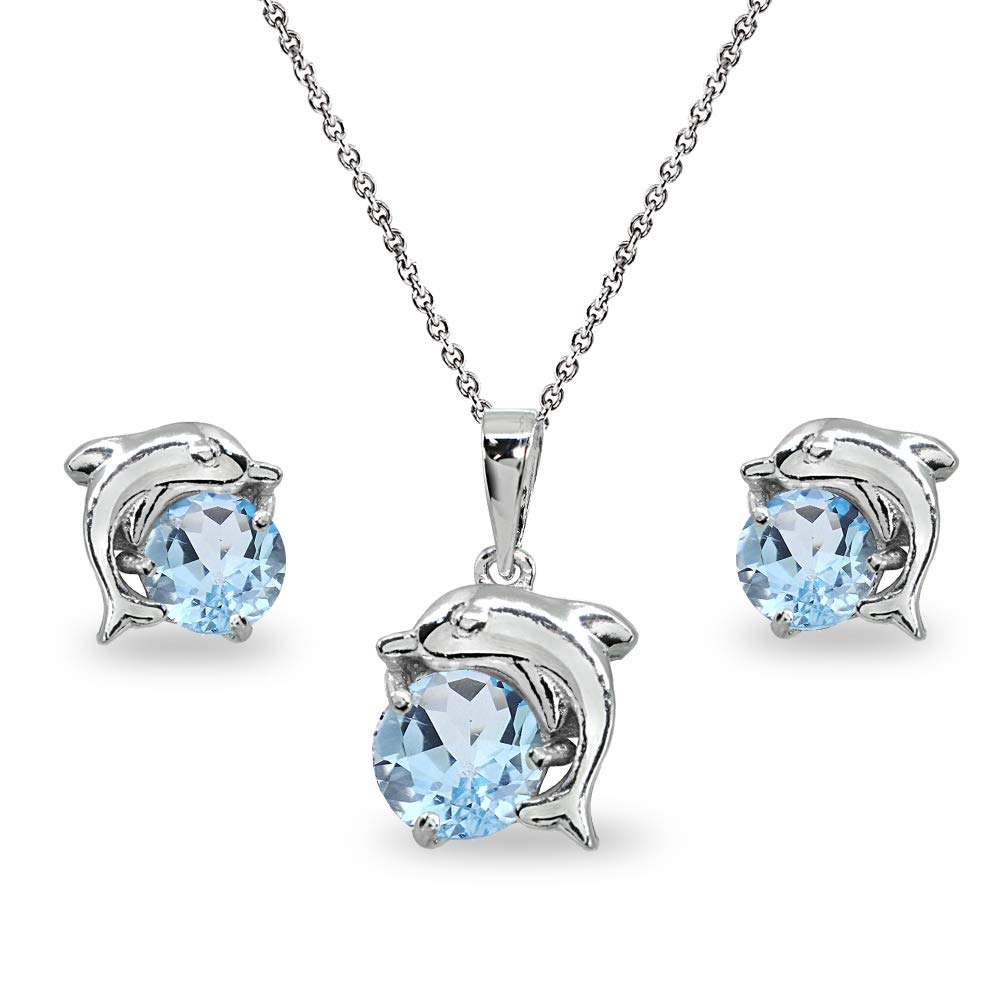 B. BRILLIANT Sterling Silver Genuine or Synthetic Gemstone Round-Cut Dolphin Animal Dainty Pendant Necklace & Stud Earrings Set