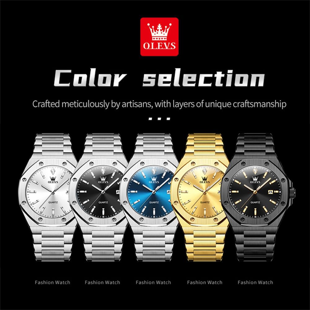 OLEVS Herren-Armbanduhr, Edelstahl, Business-Kleid, groß, leicht zu lesen, analog, wasserdicht, leuchtend, lässig, luxuriös, Herrenuhr