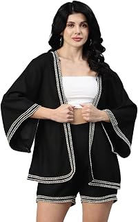 DEEBACO Women's Leaf Print Rayon Thigh Length Shrug with Shorts|V-Neck|Cord Set for Women Fashion|Jumpsuits Western Dress ... Price In India