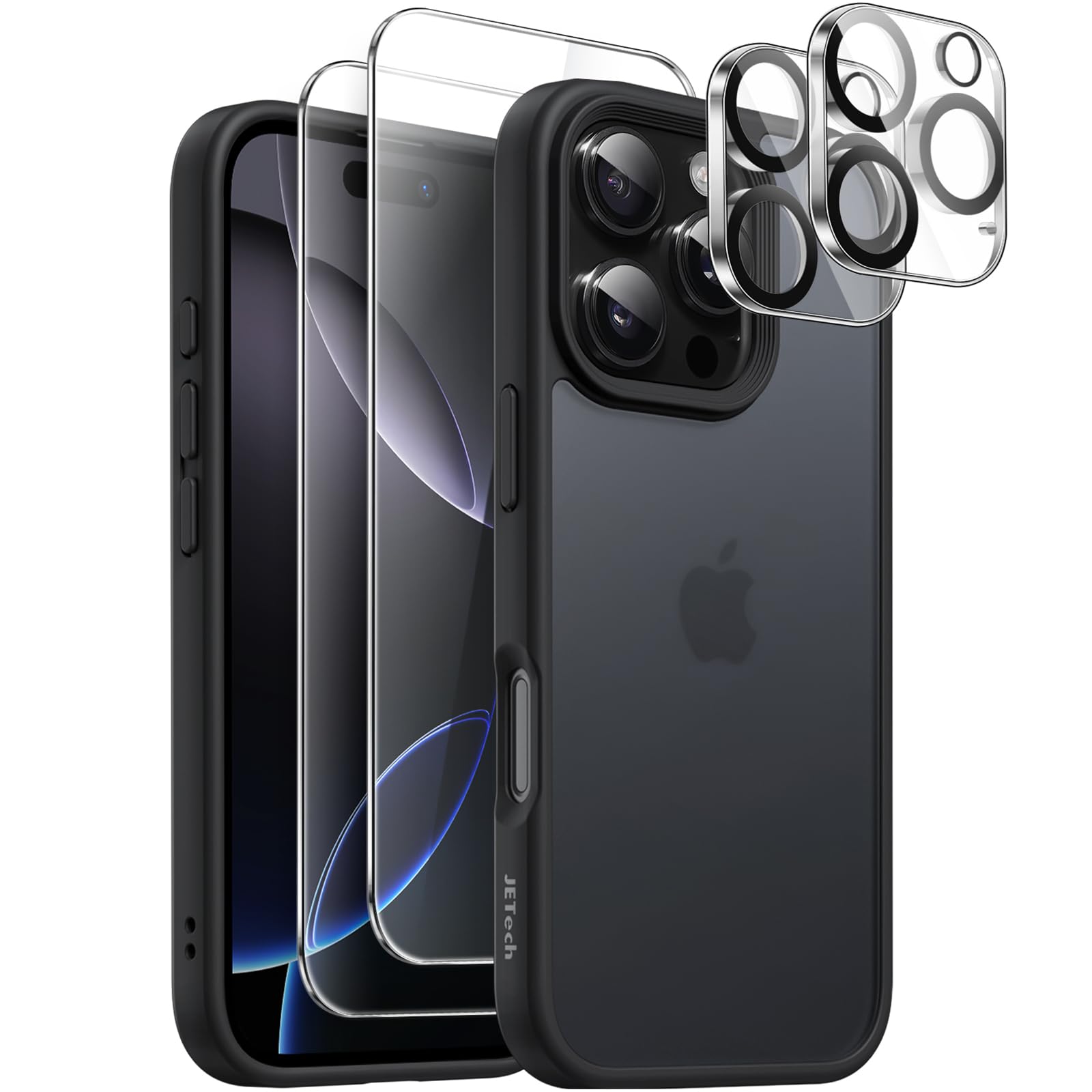 JETech 5 in 1 Matte Case for iPhone 16 Pro Max 6.9-Inch with 2-Pack Each Tempered Glass Screen Protector and Camera Lens Protector, Translucent Back Shockproof Phone Cover (Black)