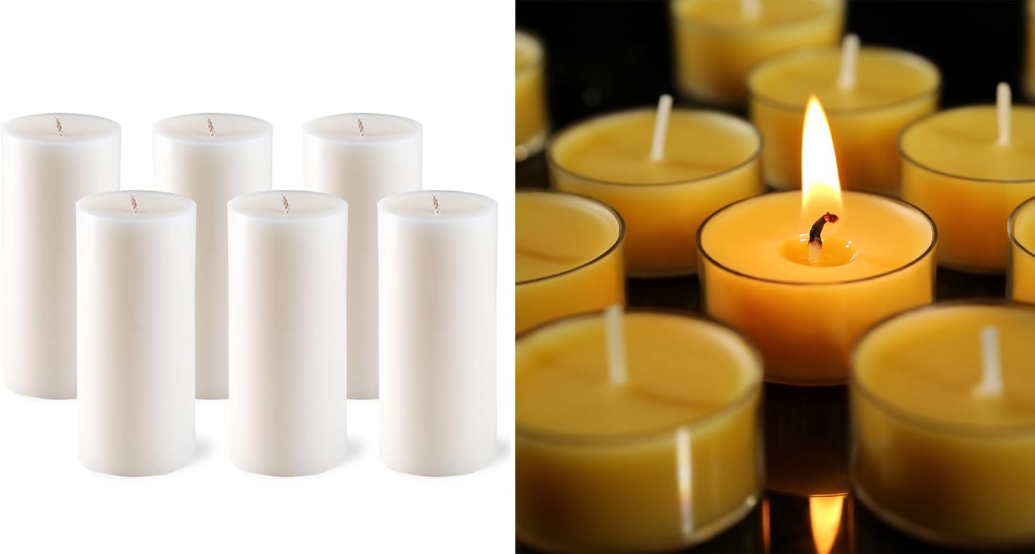 Bundle of 25pcs Beeswax Tealight Candles and 6 Pack 2.8x6 White Pillar Candles