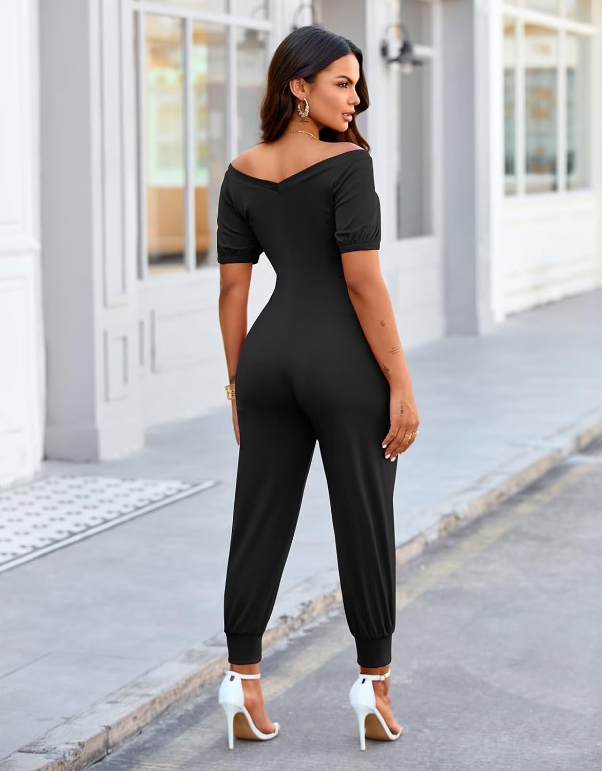 acelyn Jumpsuit for Women Summer Off Shoulder V Neck One Piece Cropped Jogger Romper Loose Overalls Club Vacation Outfit
