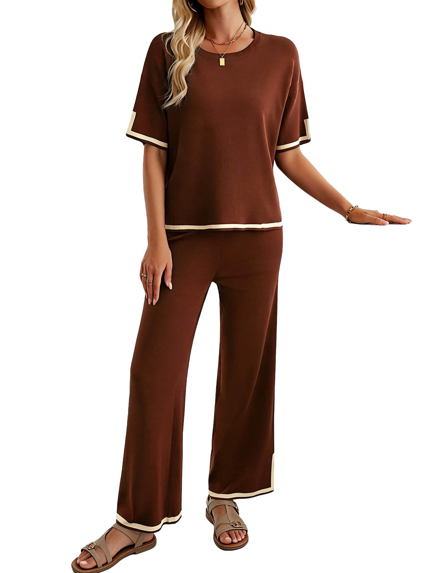 MessBebe Damen Zweiteiler Outfits Jogginganzug Trainingsanzug Tracksuit langärmelig Strickpullover Tops weites Bein Hose Lounge-Sets Trainingsanzüge