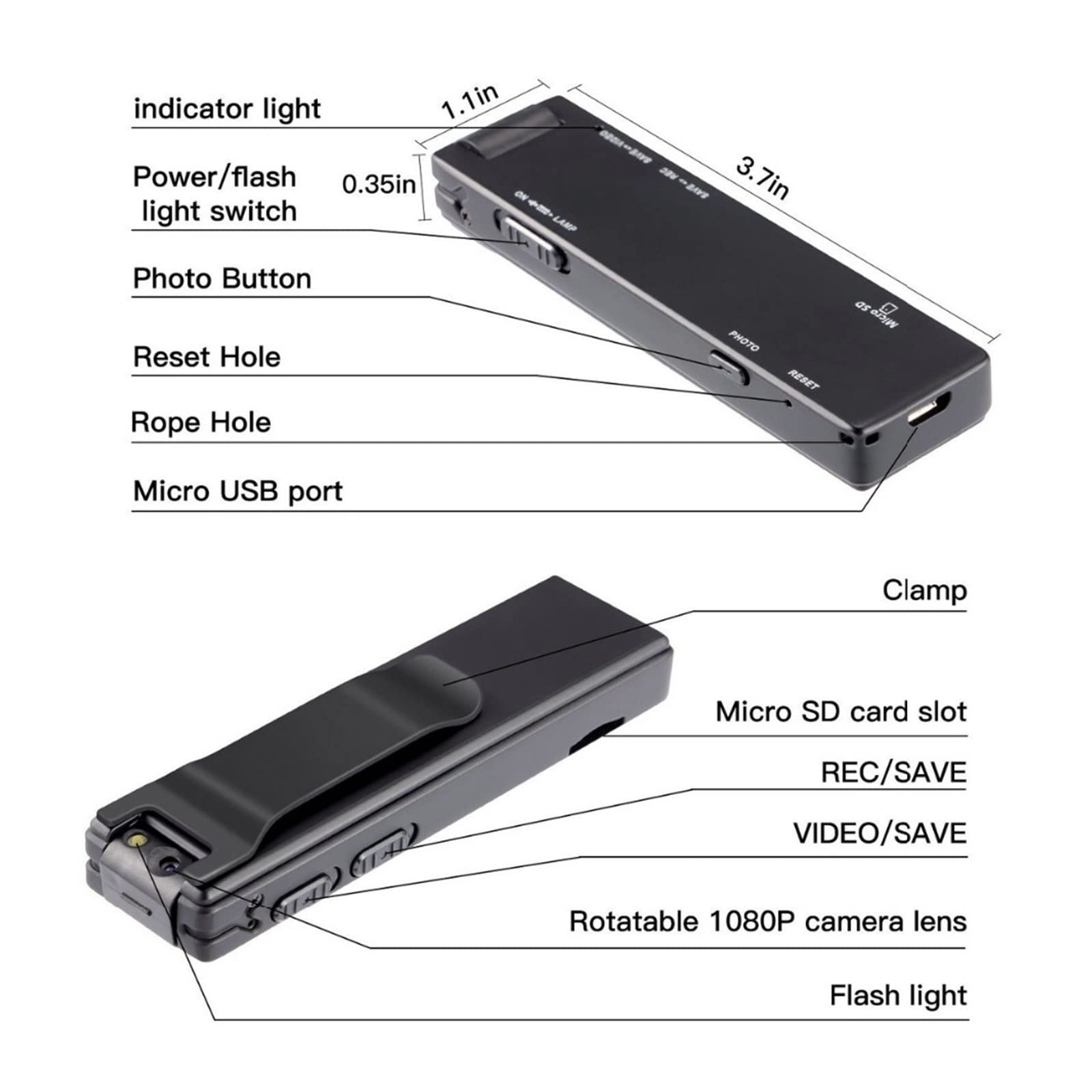 Mini Body Cam 1080P Con Audio, Torcia LED Regolabile, Registrazione In Loop, Batteria 1000 MAh – Ideale Per Sicurezza Personale E Attività All'Aperto