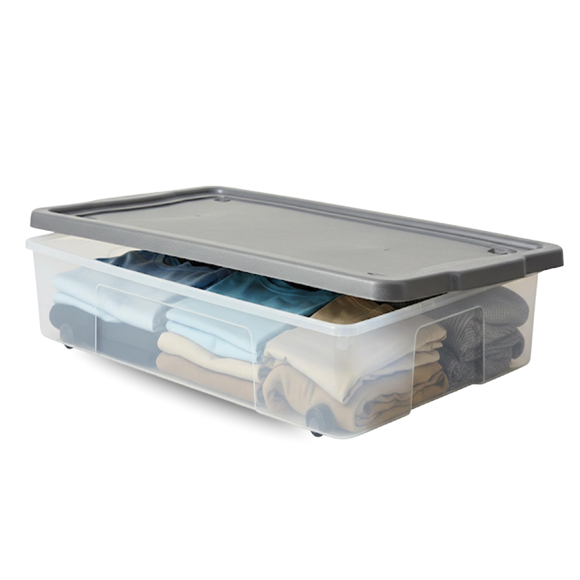 SIDSONS 47L Underbed Storage Box With Lid - Set of 1 Under Bed Space Saver With Wheels - Portable Clothes Organizer - Large Transparent Container - Nestable & Stackable Multipurpose Flat Clear Boxes