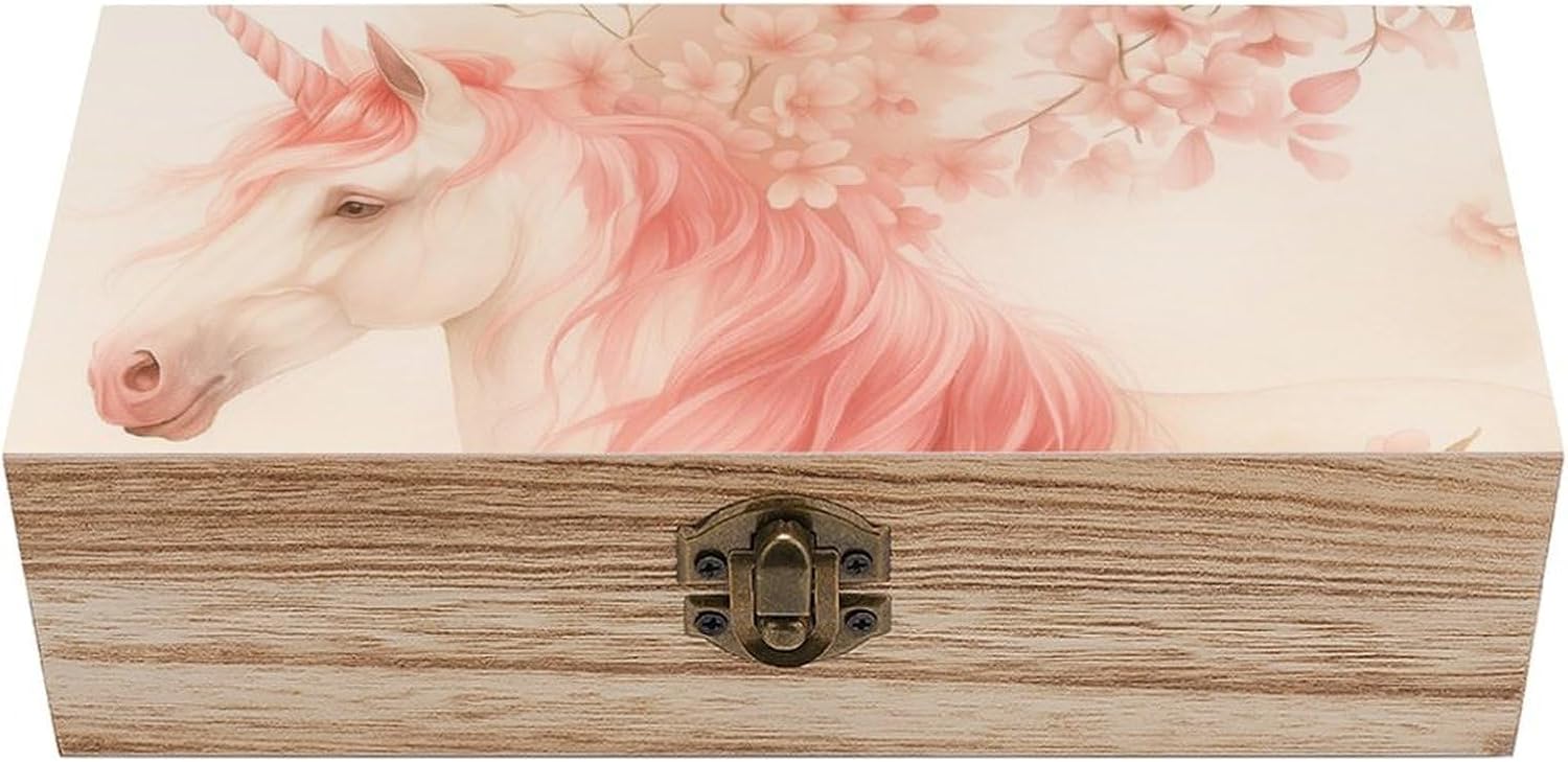 Pretty Pink Unicorn And Blossom Retro Wooden Storage Box Keepsake Jewelry Decorative Art Storages Box Gift Boxs