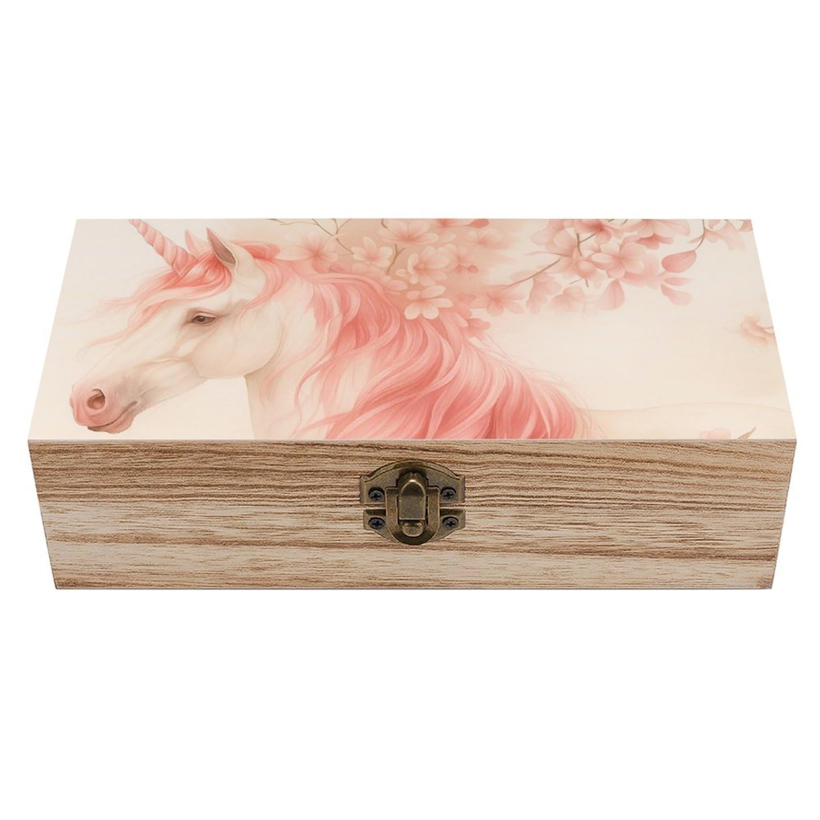 Oudrspo Pretty Pink Unicorn And Blossom Retro Wooden Storage Box Keepsake Jewelry Decorative Art Storages Box Gift Boxs